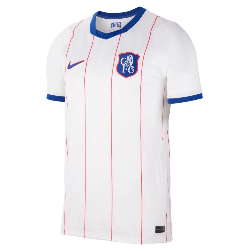 Maillot third Chelsea 2026/27 Nike blanc à rayures rouges et col bleu, vue de face