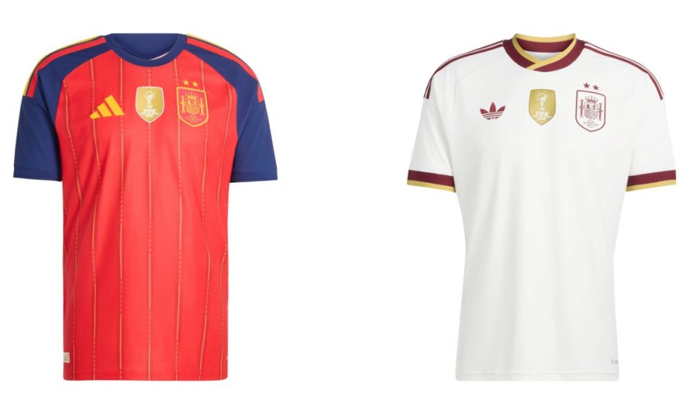 Maillots Espagne Winners 2026 domicile rouge et extérieur blanc cassé, avec deux étoiles et badge de champion du monde